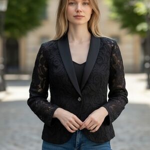 INC International Concepts Black Lace Satin-Collar Blazer